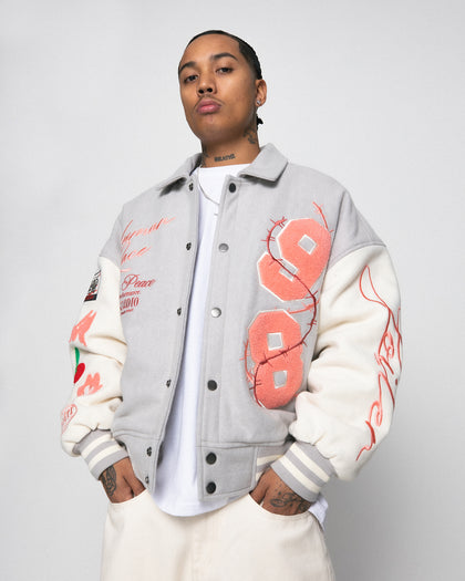 FLOWER VARSITY JACKET - Lt Grey/Off Whi