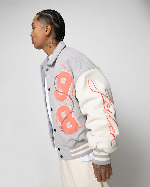 FLOWER VARSITY JACKET - Lt Grey/Off Whi