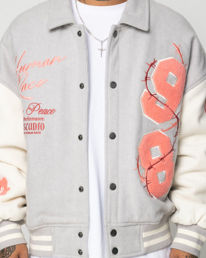 FLOWER VARSITY JACKET - Lt Grey/Off Whi