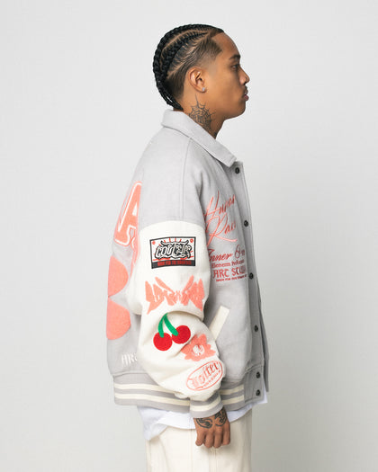 FLOWER VARSITY JACKET - Lt Grey/Off Whi