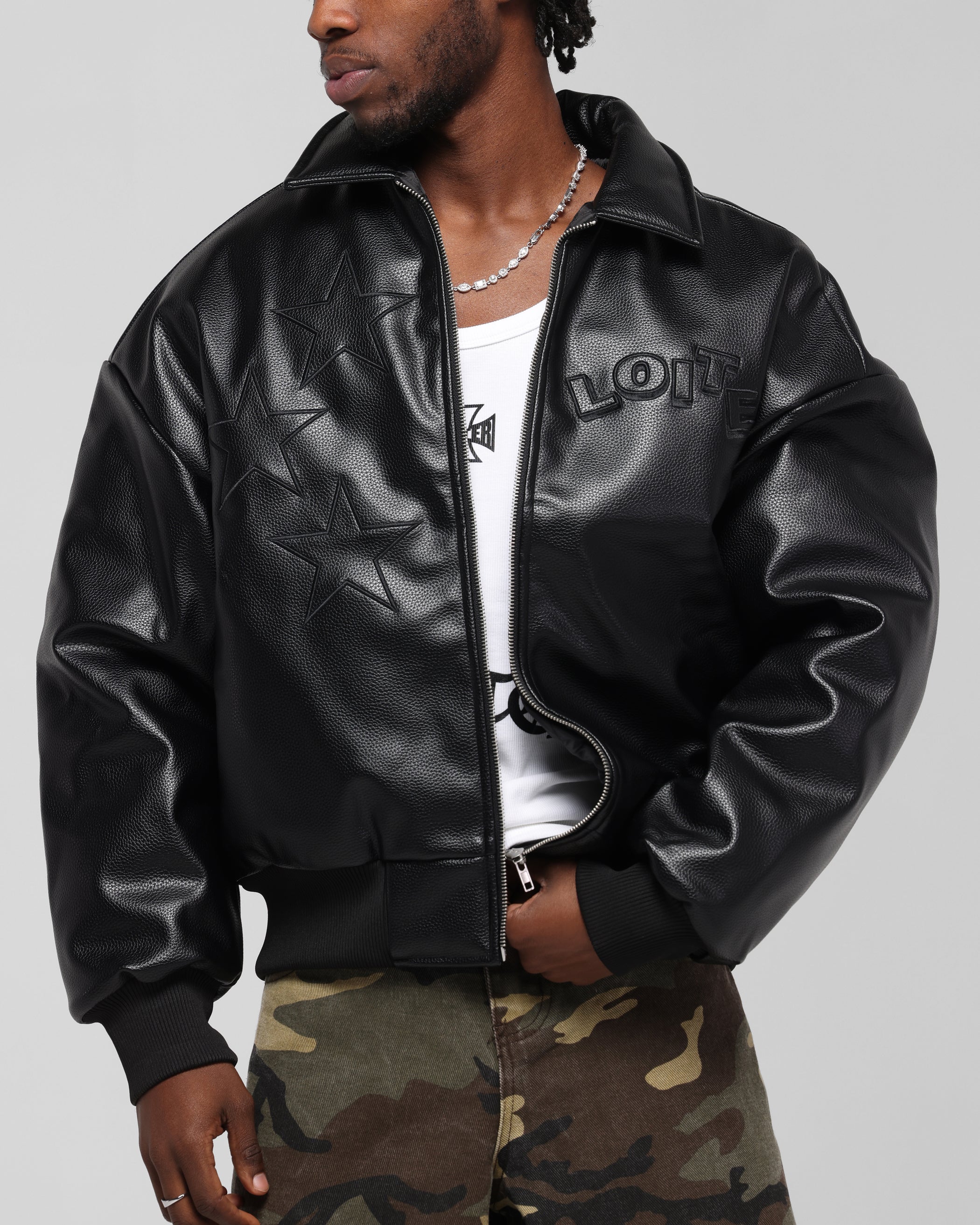 Solar Vegan Leather Varsity Jacket Black | Loiter