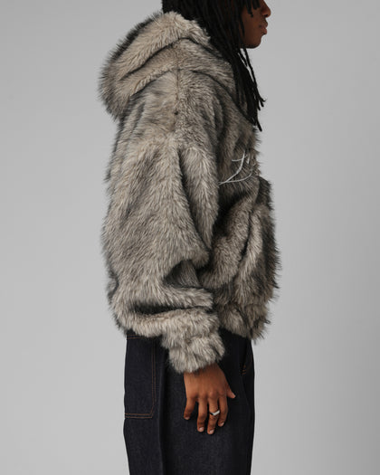 Faux Fur Hooded Jacket Off White