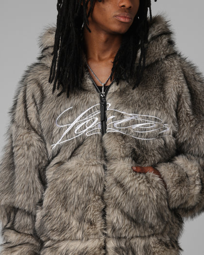 Loiter Faux Fur Hooded Jacket Off White