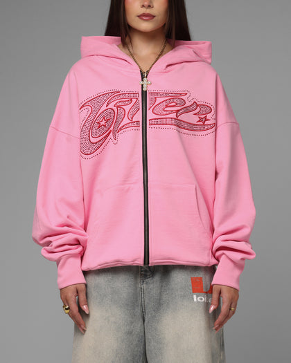 Loiter Silicone Rhinestone Zip Hoodie Pink