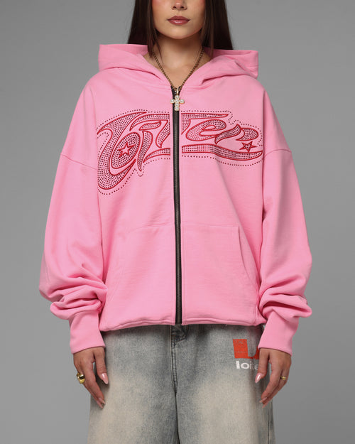 Loiter Silicone Rhinestone Zip Hoodie Pink