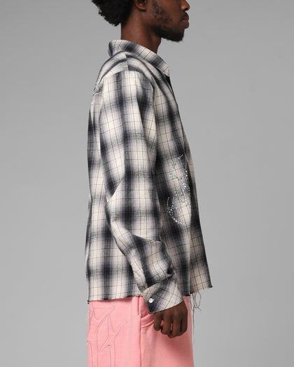 Heaven Distressed Flannel Button Up Shirt Black/White