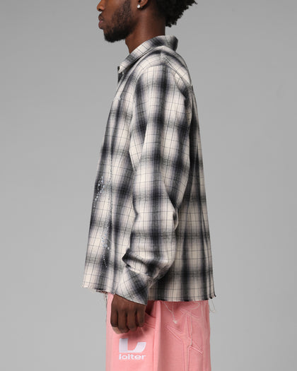 Heaven Distressed Flannel Button Up Shirt Black/White