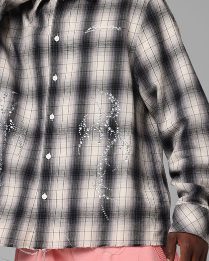 Heaven Distressed Flannel Button Up Shirt Black/White