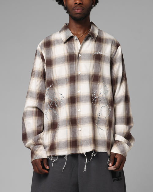 Heaven Distressed Flannel Button Up Shirt Brown/Beige