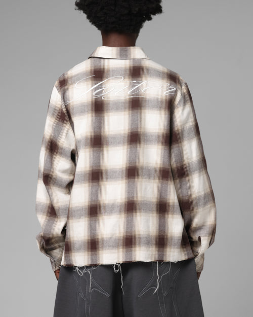 Heaven Distressed Flannel Button Up Shirt Brown/Beige