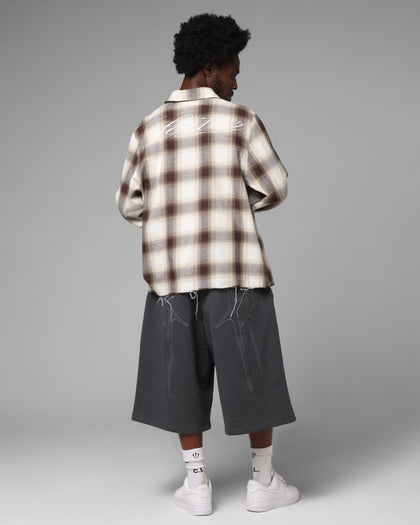 Heaven Distressed Flannel Button Up Shirt Brown/Beige