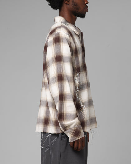 Heaven Distressed Flannel Button Up Shirt Brown/Beige