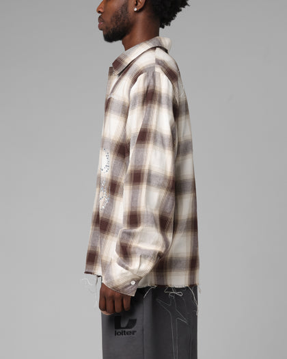 Heaven Distressed Flannel Button Up Shirt Brown/Beige