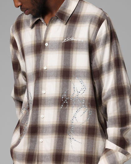 Heaven Distressed Flannel Button Up Shirt Brown/Beige