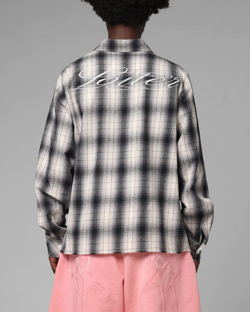 Loiter Heaven Distressed Flannel Button Up Shirt Black/White