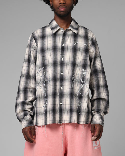 Loiter Heaven Distressed Flannel Button Up Shirt Black/White